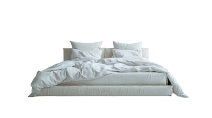 Modern White Bed With Plush Pillows and Cozy Duvet in Minimalist Bedroom Setting