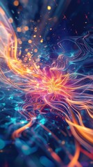 A captivating abstract image showcasing swirling energy waves with vibrant light streaks in orange and blue hues. The fluid movement and glowing lines create a sense of dynamic motion, making it ideal