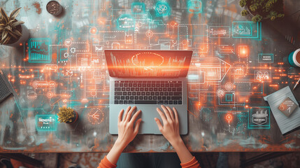 Person Working on Laptop With Holographic Data Visualization