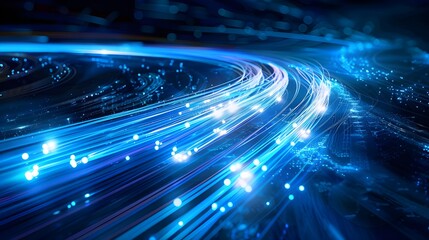 Abstract blue light trails depicting high-speed data movement in a digital network.