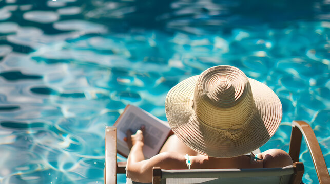 Realistic summer photo with leaves and shadow next to swimming pool，with a woman