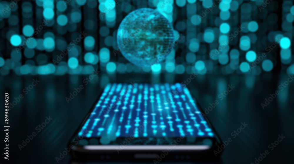 Poster a futuristic image depicting a smartphone with a glowing digital globe hovering above it, symbolizin