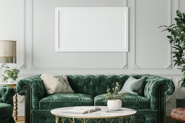 Green velvet sofa with chic accents and a white frame for mockup in a stylish living space.