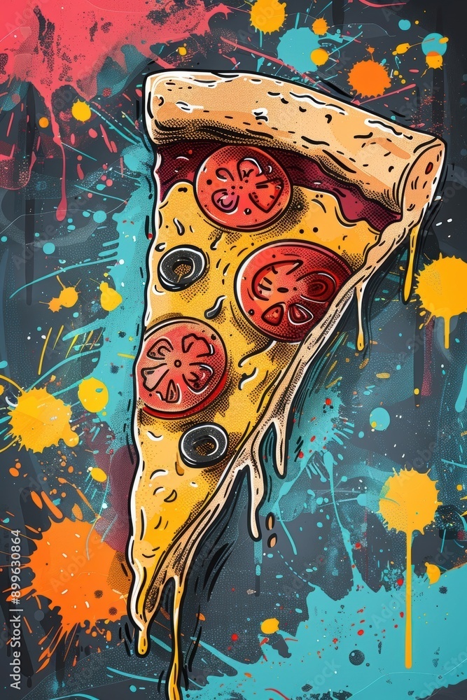 Poster vibrant pop art style illustration of a dripping pizza slice with colorful splashes on a textured ba