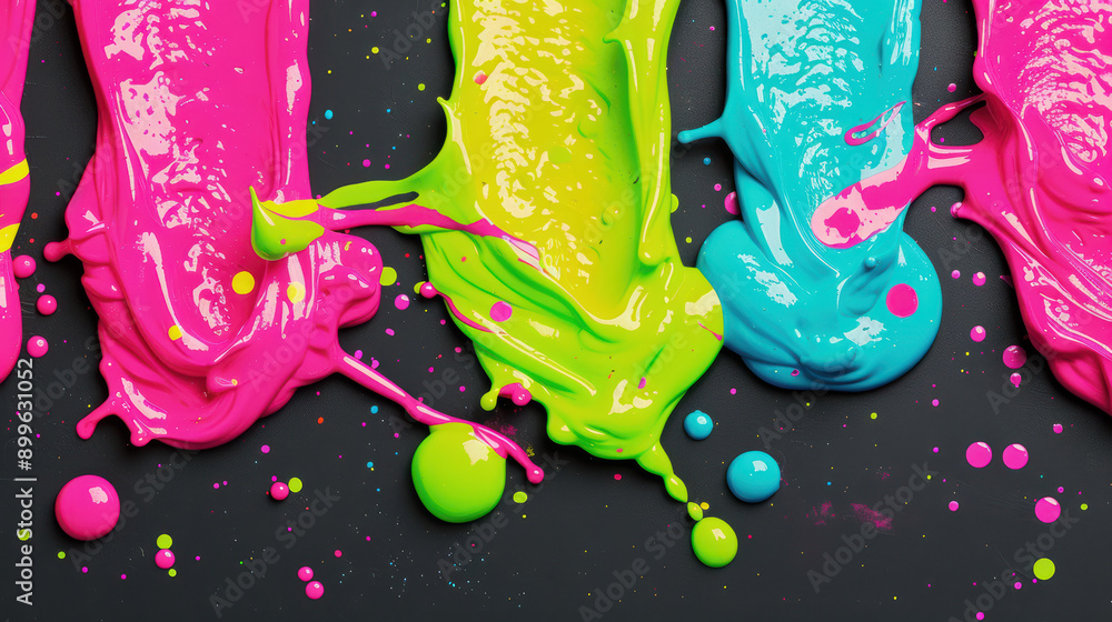 Poster vibrant splashes and strokes of neon paint create a dynamic and colorful abstract design on a dark b
