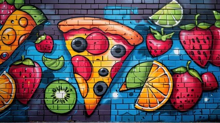 Colorful street art mural featuring vibrant fruits and a pizza slice on a brick wall, highlighting urban creativity and artistic expression.