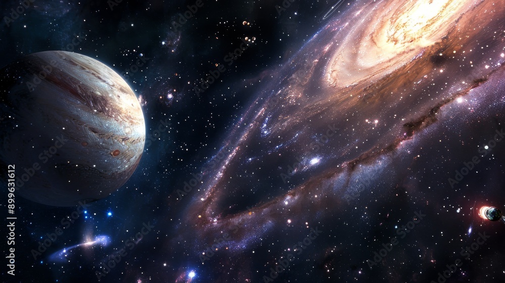 Poster an awe-inspiring view of galaxies and planets set against the backdrop of the cosmos. the image capt
