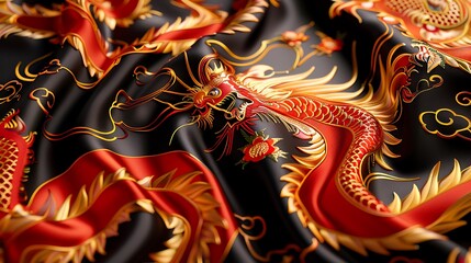 Obraz premium Intricate Dragon Design on Flowing Silk Fabric Background