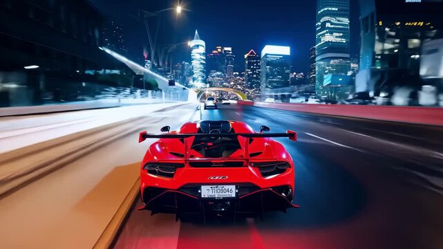 Thrilling evening journey through a vibrant cityscape, as stunning sports cars dominate the road, showcasing speed and luxury against a dazzling skyline.