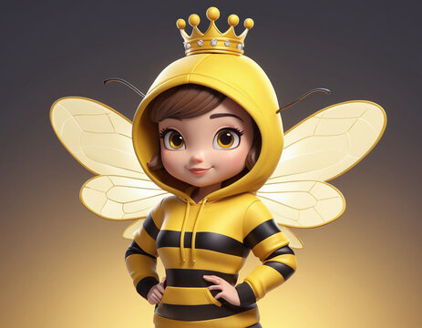 Beautiful 3D character of queen bee, a beautiful girl with yellow hoodie and yellow wings with crown on the head.