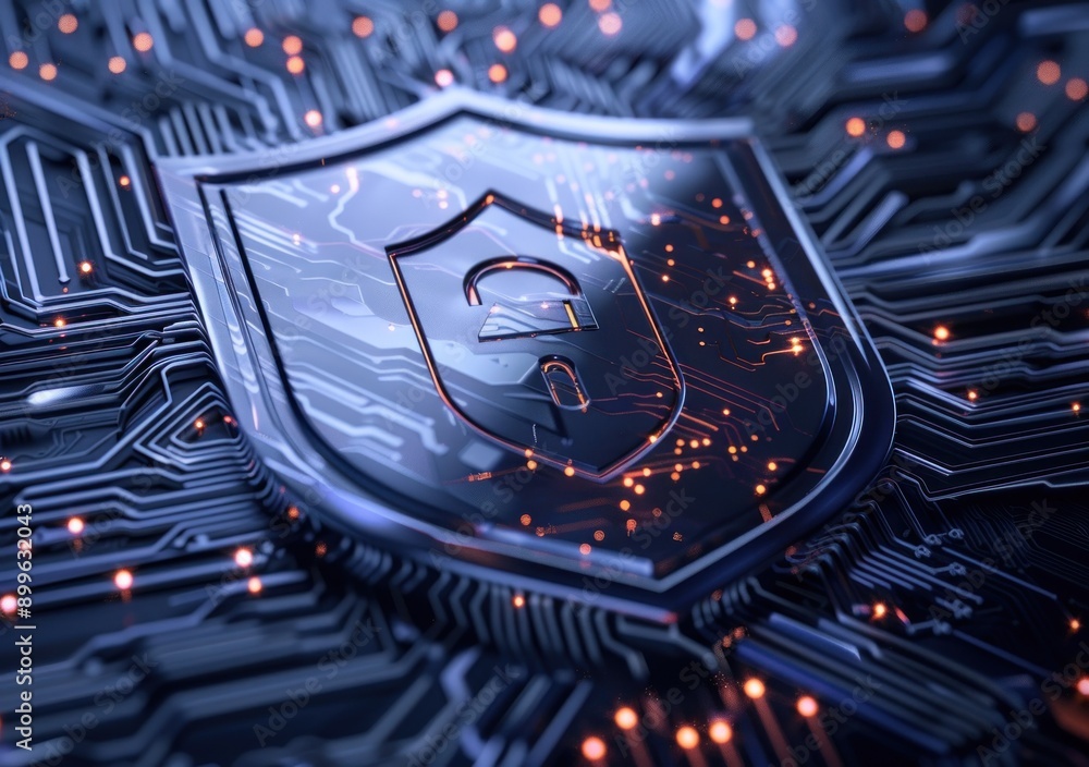 Aufkleber A Metallic Shield Symbol with a Keyhole Embedded on a Circuit Board with Glowing Orange Lights
