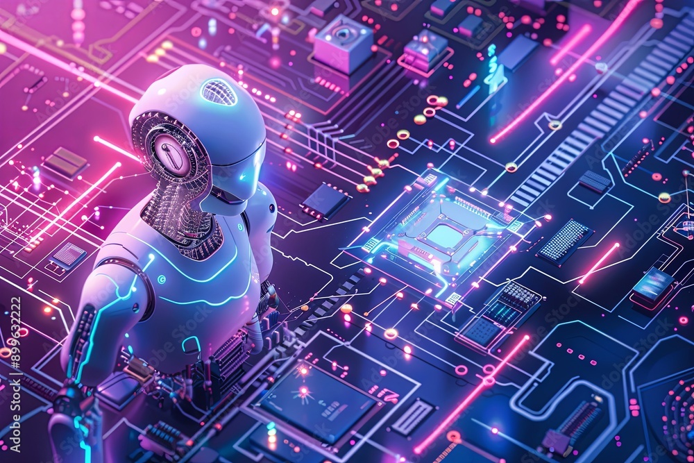 Poster a futuristic robot analyzing complex circuitry in a neon-illuminated digital environment. generative