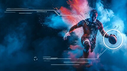 A rugby player charging forward with an abstract, futuristic background. Seamless loop video background - Powered by Adobe
