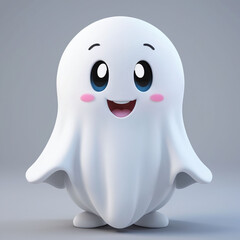 3D rendering of a cute adorable and friendly ghost character. The ghost is white in simple minimalist design.