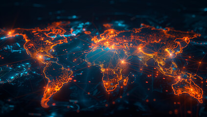 Digital World Map with Glowing Connections, Communications Transport