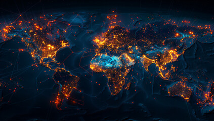 Digital World Map with Glowing Connections, Communications Transport