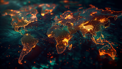Digital World Map with Glowing Connections, Communications Transport