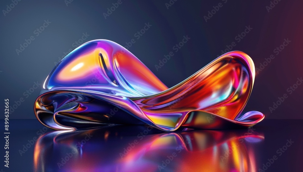 Poster a closeup view of an iridescent abstract sculpture reflecting on a dark surface