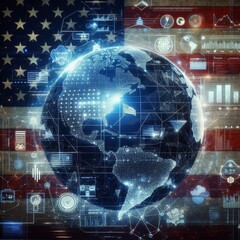 Obraz premium Digital map of USA, concept of American global network and connectivity, data transfer and cyber technology, electronic vote, information exchange and telecommunication 