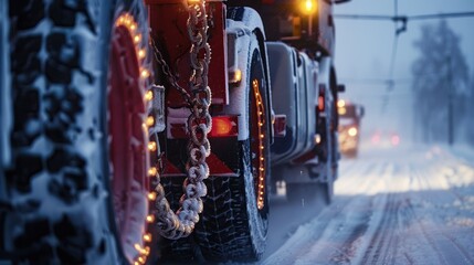 A closeup view of a semitrailer truck tire with snow and lights on a snowy winter road