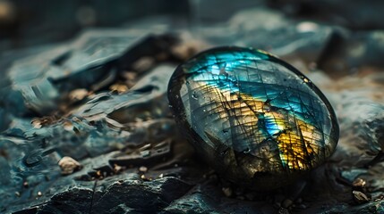 Reflective labradorite with deep blue and golden sheens under natural light.