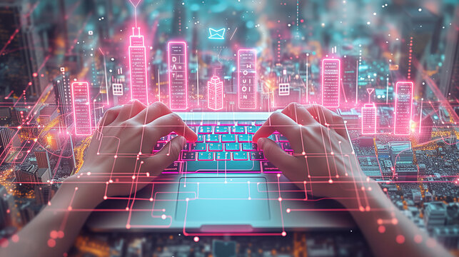 Hands Typing on Laptop With Holographic Cityscape - Powered by Adobe