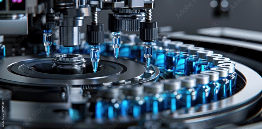 Poster A closeup view of an automated machine filling vials with a blue liquid