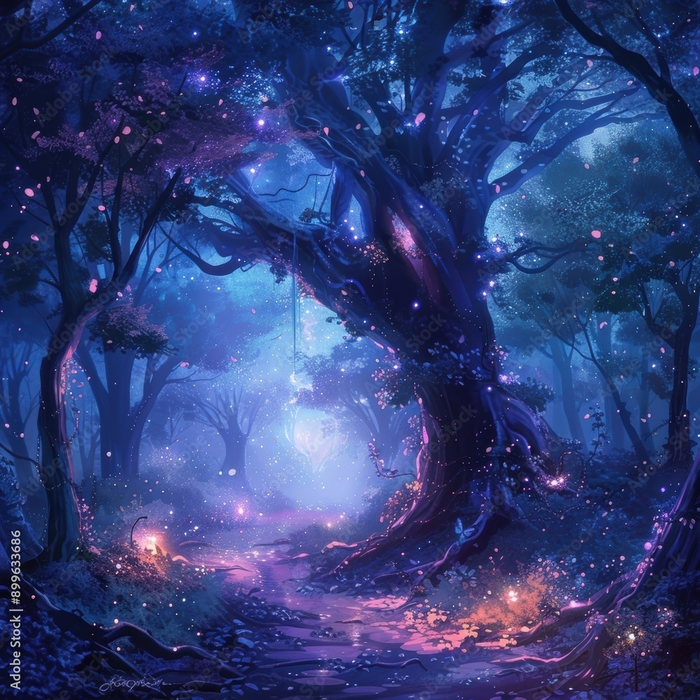 Poster enchanted forest illuminated by magical lights and fireflies, creating a mystical, dreamlike atmosph
