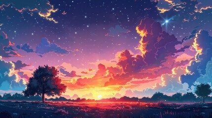 Fototapeta premium Beautiful vibrant sunset painting with a majestic tree, vivid clouds, and starry sky, perfect for fantasy and landscape art enthusiasts.