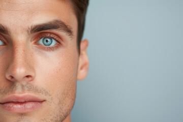 Fototapeta premium Close-up portrait of a young man with striking blue eyes and clear skin, set against a soft blue background, emphasizing natural beauty and youth.