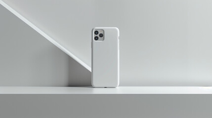 Mockup plain white cellphone case without cellphone, standing on a shelf, clean and minimalist white studio background, Ai generated Images