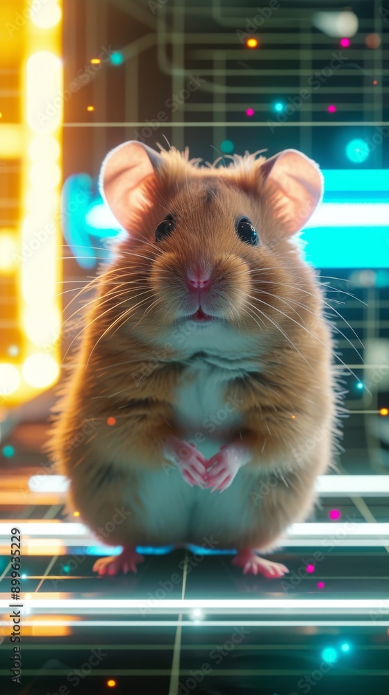 Poster a curious mouse stands out in a neon-lit, futuristic environment. the bright colors and advanced tec