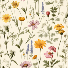 Watercolor Seamless Pattern with Wildflowers..