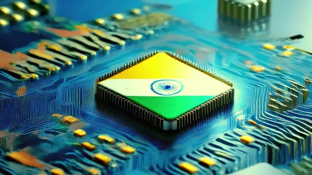 India flag print screen on Microchip processor in electronic board representing technology 