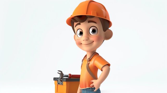 A cartoon boy wearing a hard hat and overalls stands with his hand on his hip, with a toolbox next to him.