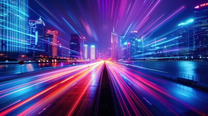 A car with traces of neon lights driving through the city at night