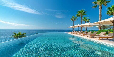 Luxurious swimming pool and loungers umbrellas near beach and sea with palm trees and blue sky, Generative AI