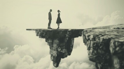 A couple stands on a precipice, silhouetted against a misty sky, symbolizing uncertainty and the fragility of relationships.