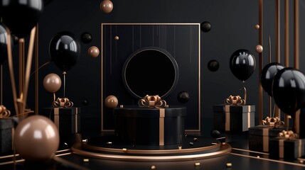 Fototapeta premium A minimalist black poster template for holiday promotions, featuring geometric designs and space for text. Ideal for advertising discounts, gift boxes, and festive sales like Black Friday.