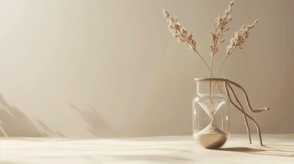 A minimalist still life featuring a glass hourglass with dried wheat stalks against a beige background.  Sunlight casts a soft shadow.