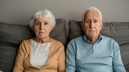 Senior Couple in Emotional Turmoil An elderly couple sitting side by side with solemn expressions capturing the struggles and emotional challenges of marital issues in later years wallpaper brainstorm