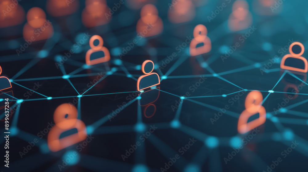 Poster a conceptual image depicting a network of connected human figures highlighted with orange lights on 