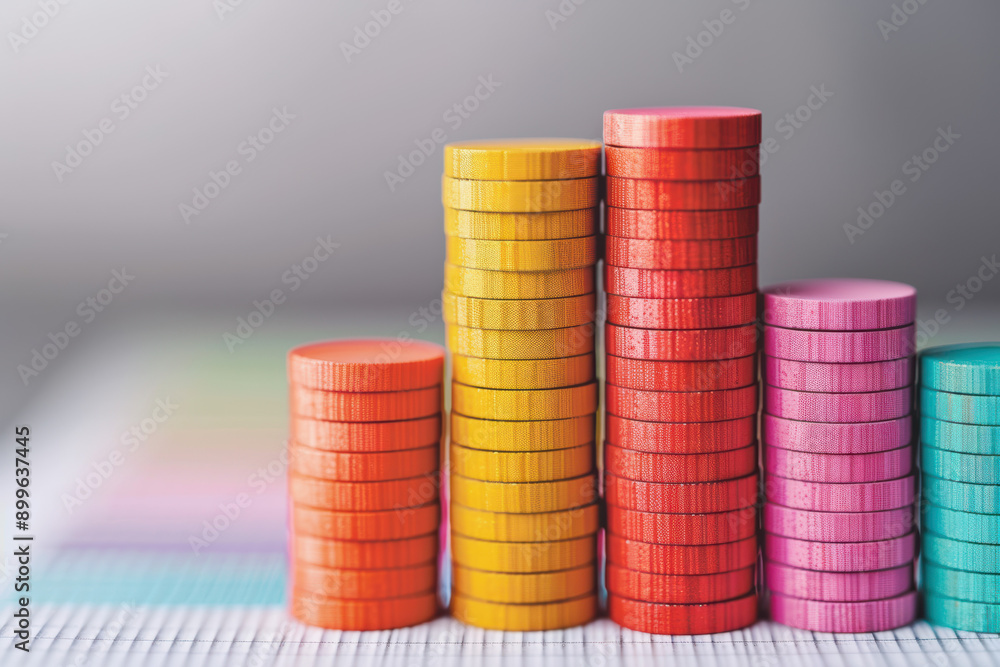 Poster colorful stacks of chips arranged in ascending order on a graph paper background symbolizing growth,