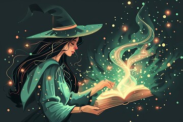 Naklejka premium Witch casting spells, magical energy, flat design illustration