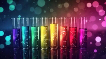Test tubes with colorful graphs, experimental data analysis