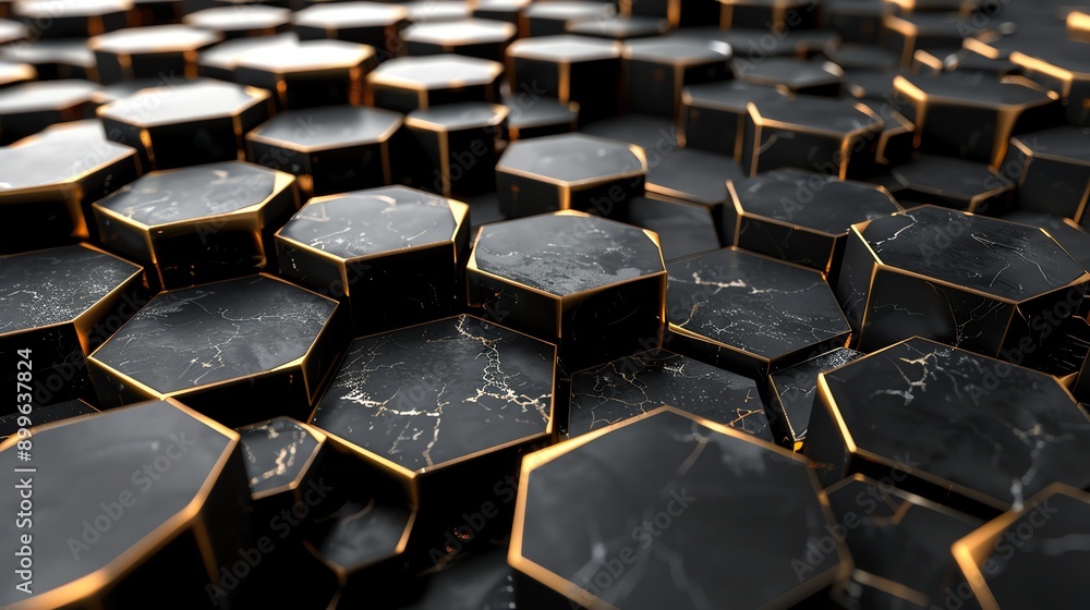Aufkleber an abstract pattern of black and gold hexagonal shapes.