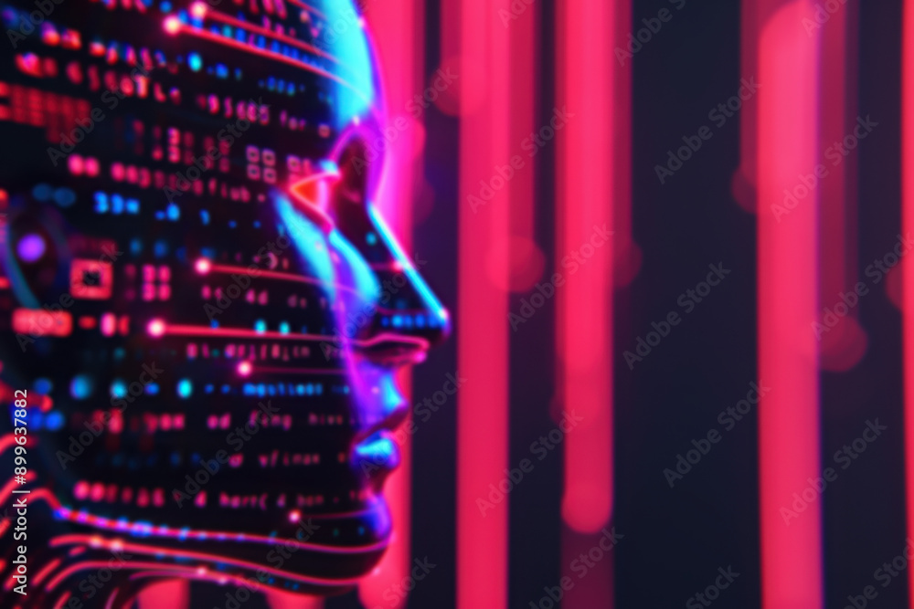 Aufkleber futuristic digital face with neon lights and binary code, representing artificial intelligence and t