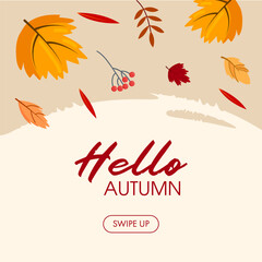 Flat autumn border frame. Social media post vector template. Colorful background with autumn leaves and copy space.