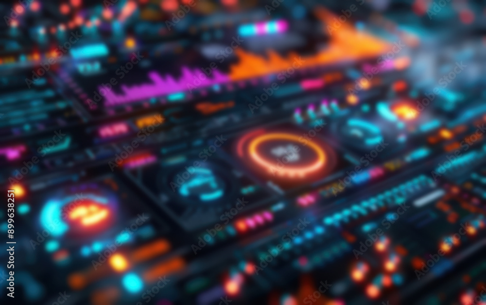 Poster a vibrant, futuristic dashboard interface with neon lights and digital data displays, perfect for il