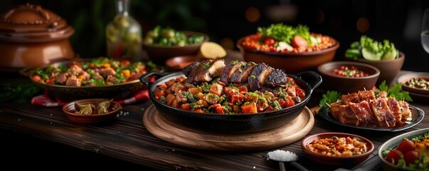 Traditional Lublae dishes artfully arranged on a table, Realism, Earthy tones, Photography